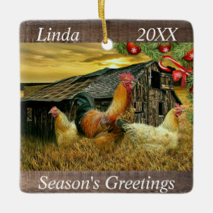 Christmas At The Chicken Coop Rooster Hens Ceramic Ornament