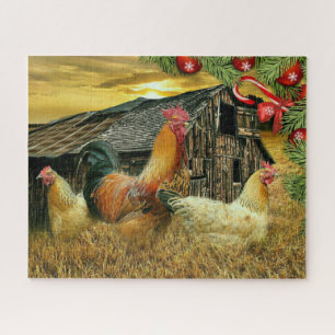 Christmas At The Chicken Coop Rooster Hens Jigsaw Puzzle