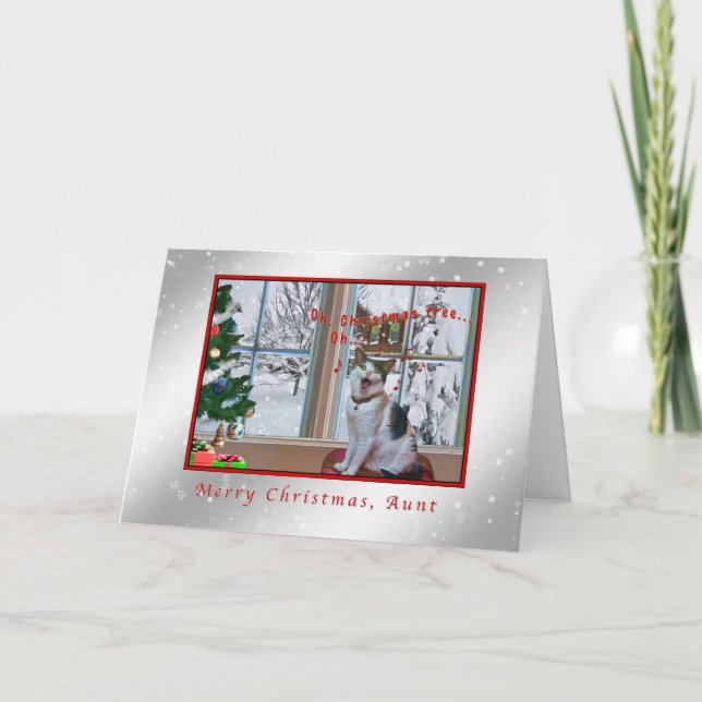 Christmas, Aunt, Singing Cat, Snow Holiday Card (Front)