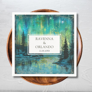 Christmas Aurora Lake Forest Night Sky Wedding Napkin