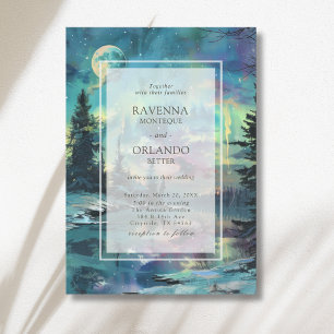 Christmas Aurora Moonlit Lake Forest Wedding Invitation