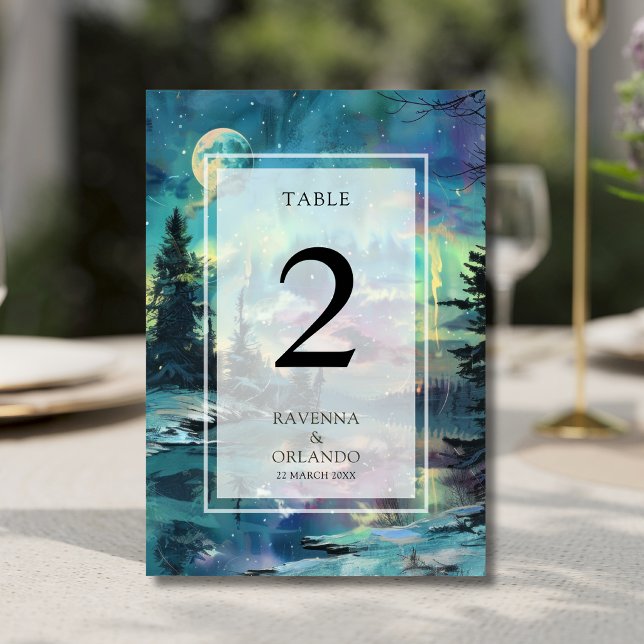 Christmas Aurora Moonlit Lake Forest Wedding Table Number (Creator Uploaded)