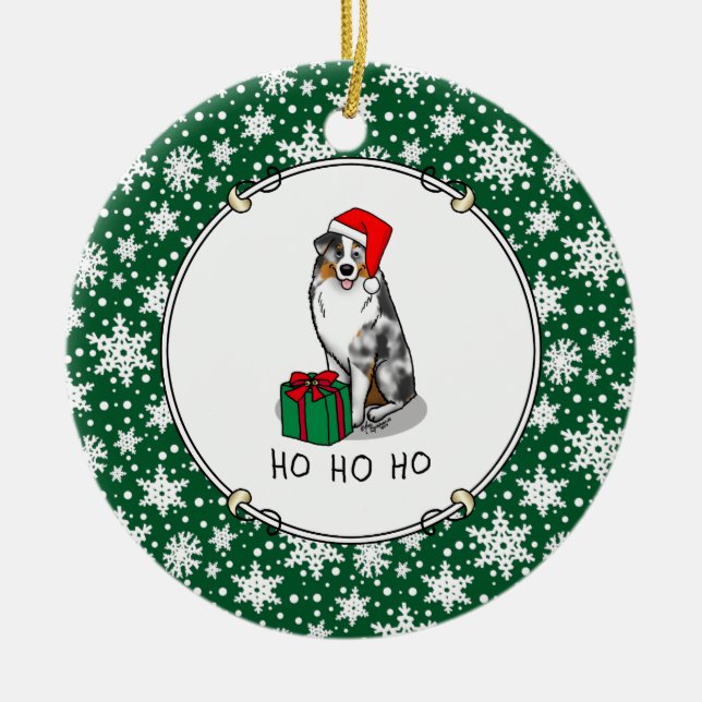 Christmas Australian Shepherd (blue merle tan/w 1) Ceramic Ornament (Front)