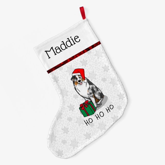 Christmas Australian Shepherd (blue merle tan/w 1) Large Christmas Stocking (Back (Hanging))