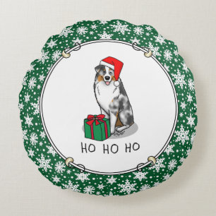 Christmas Australian Shepherd (blue merle tan/w 1) Round Pillow