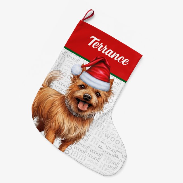 Christmas Australian Terrier Dog Name Woof Large Christmas Stocking (Front (Hanging))