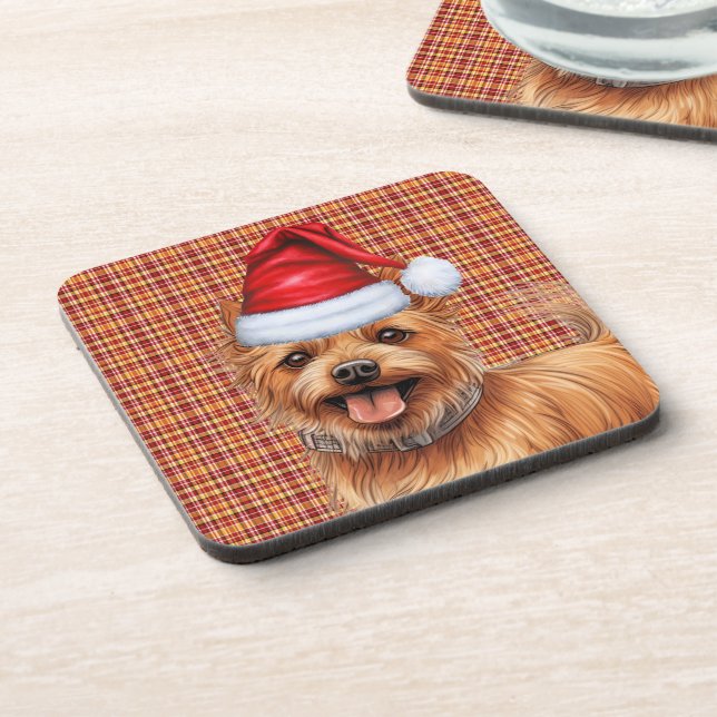 Christmas Australian Terrier Dog Plaid Holiday Coaster (Left Side)