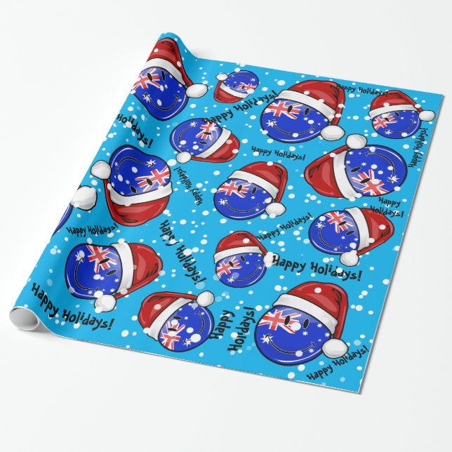 Christmas Auzzie style Smiling Australian Flag Wrapping Paper (Unrolled)
