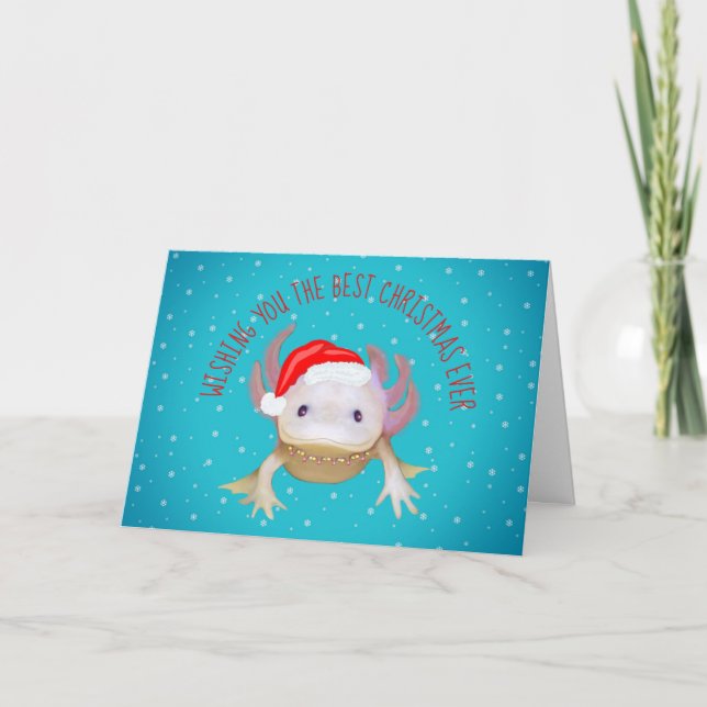 Christmas Axolotl with Santa Hat and Fairy Lights  Holiday Card (Front)