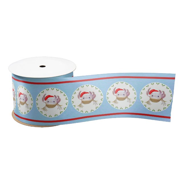 Christmas Axolotl with Santa Hat and Fairy Lights Satin Ribbon (Spool)