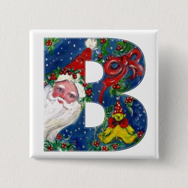 CHRISTMAS B LETTER / SANTA  RED RIBBON MONOGRAM 2 INCH SQUARE BUTTON (Front)