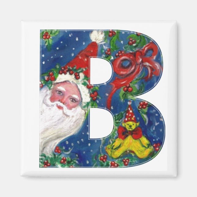 CHRISTMAS B LETTER / SANTA  RED RIBBON MONOGRAM MAGNET (Front)