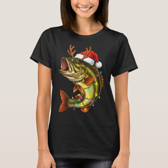 Christmas B Santa Hat With Lights Funny Fishing Xm T-Shirt (Front)
