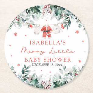 Christmas Baby Clothes Merry Little Baby Shower Round Paper Coaster
