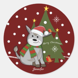 Christmas baby donkey and custom text / name classic round sticker
