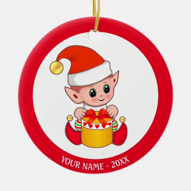 Christmas Baby Elf & Custom Name Ceramic Ornament (Front)