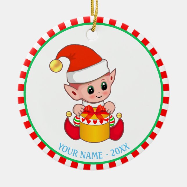 Christmas Baby Elf & Custom Name Ceramic Ornament (Front)