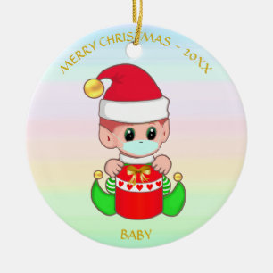 Christmas baby elf with face mask on pastel colour ceramic ornament
