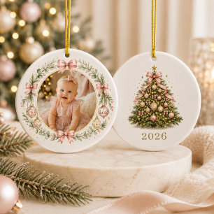 Christmas Baby Girl Coquette Bow Photo Ceramic Ornament