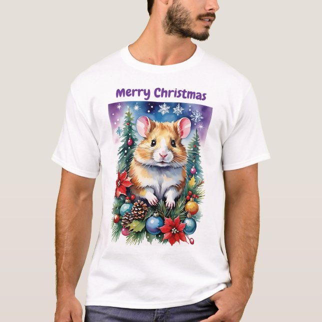 Christmas Baby Hampster Purple Night & Ornaments T-Shirt (Front)