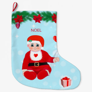 Christmas baby, hearts, poinsettias and pine large christmas stocking