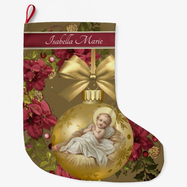 Christmas Baby Jesus Gold Ornament Floral Large Christmas Stocking (Front)