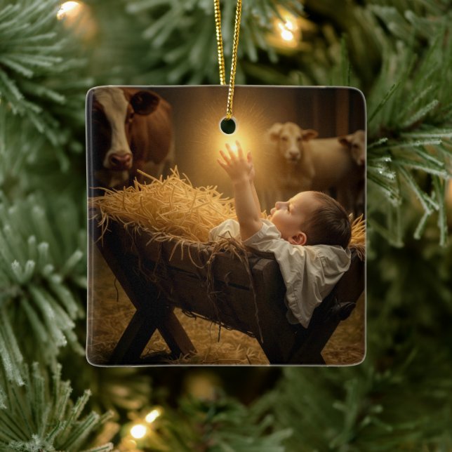 Christmas Baby Jesus In a Manger Ceramic Ornament (Tree)