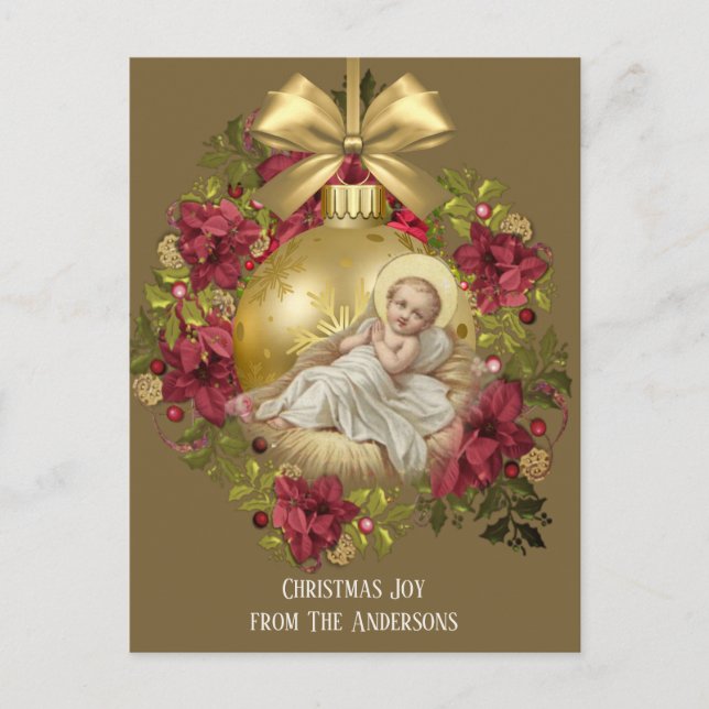 Christmas Baby Jesus in Manger Floral Ornament Postcard (Front)