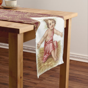 Christmas Baby Jesus in Manger Gold Maroon Short Table Runner