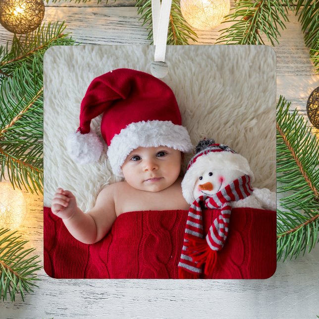 Christmas Baby Photo Birth Stats Metal Ornament (Creator Uploaded)