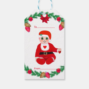 Christmas baby & pine wreath with poinsettias gift tags