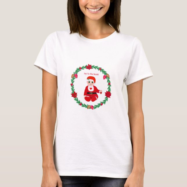 Christmas baby & pine wreath with poinsettias T-Shirt (Front)