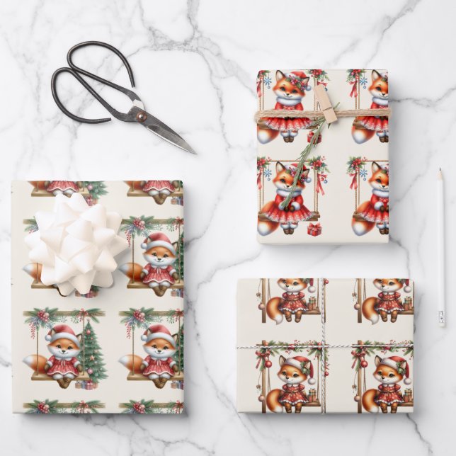 Christmas Baby Red Fox Swinging  Wrapping Paper Sheet (Front)