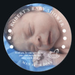 Christmas Baby Shower Blue Navy Photo Template Cur Classic Round Sticker<br><div class="desc">Celebrate every moment with this dreamy blue baby shower sticker, inspired by the warmth of holiday arrivals. Easily edit names, dates, or add your baby’s photo for a personal touch. Perfect for showers, gifts, and festive announcements—share the joy instantly! Customize now and make your celebration stand out with effortless style....</div>