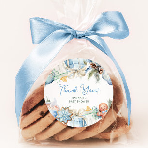 Christmas Baby Shower Blue Thank You Favour Classic Round Sticker