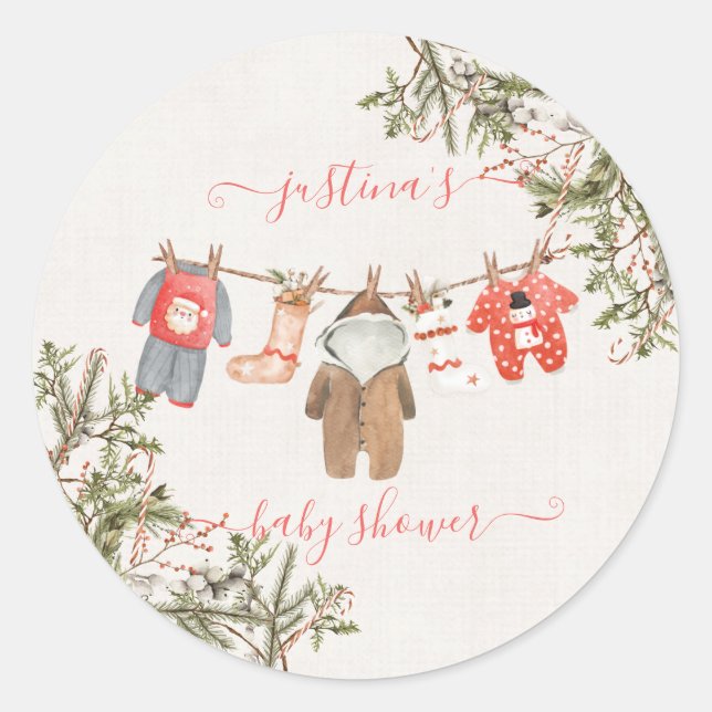 Christmas Baby Shower Clothesline Classic Round Sticker (Front)
