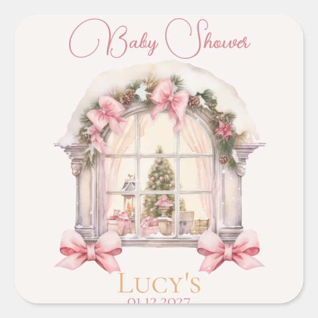 Christmas Baby Shower Pink Nutcracker Watercolor  Square Sticker (Front)