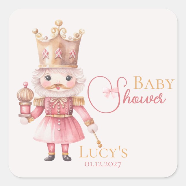 Christmas Baby Shower Pink Nutcracker Watercolor  Square Sticker (Front)