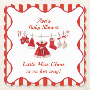 Christmas Baby Shower   Santa Clothes Red & White Paper Coaster