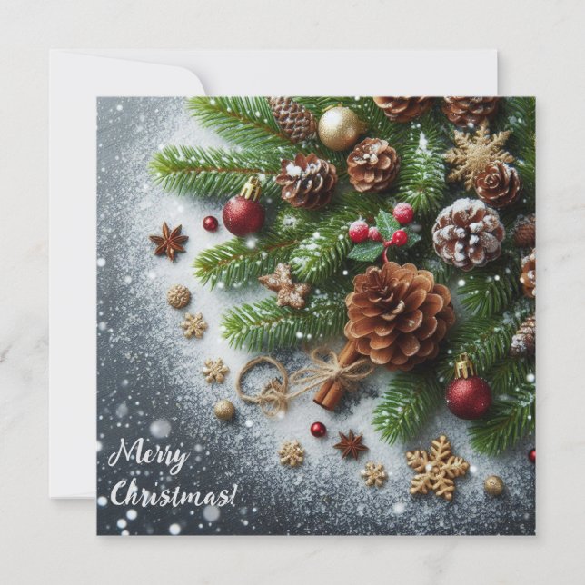 Christmas background with snow, pine and cones holiday card (Front)