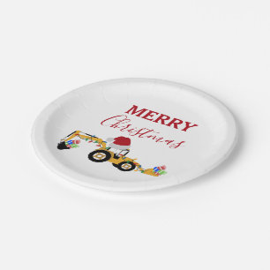 Christmas Backhoe Construction Truck Paper Plate