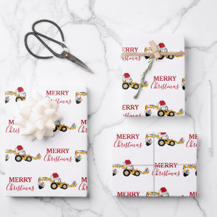 Christmas Backhoe Construction Truck  Wrapping Paper Sheet
