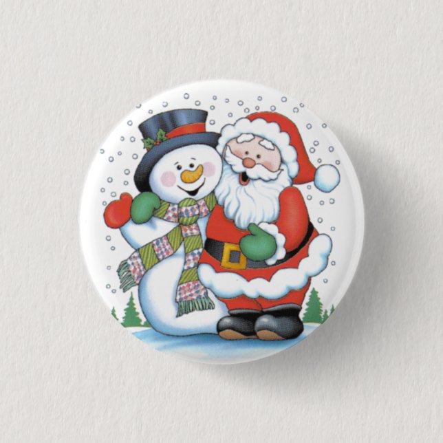 Christmas badge: Santa and Snowman hugging 1 Inch Round Button (Front)