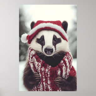 Christmas Badger Print, Funny Holiday Animal Art Poster