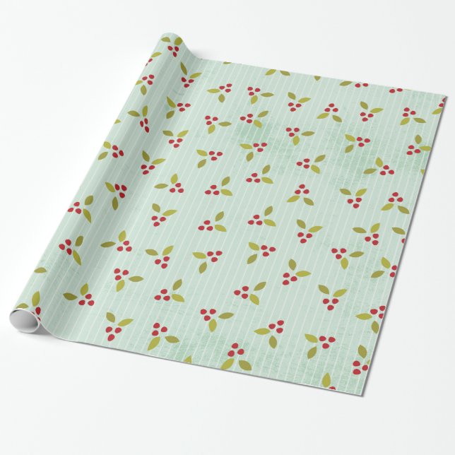 Christmas Bales Holly Bells Berry Wrapping Paper (Unrolled)