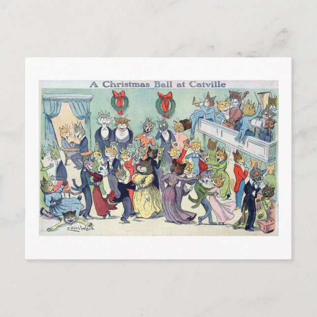 Christmas Ball at Catville, Louis Wain Holiday Postcard (Front)