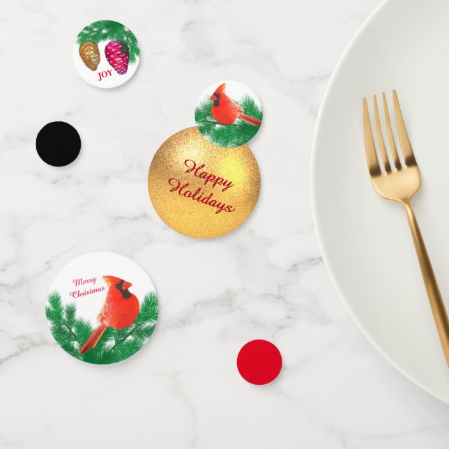 Christmas ball, bird, pine cones on Black & Red Confetti (Group)