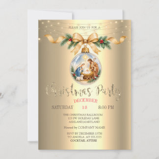 Christmas Ball Nativity Gold Bow Invitation