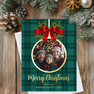 Christmas Ball Ornament Photo Buffalo Plaid Foil Holiday Postcard