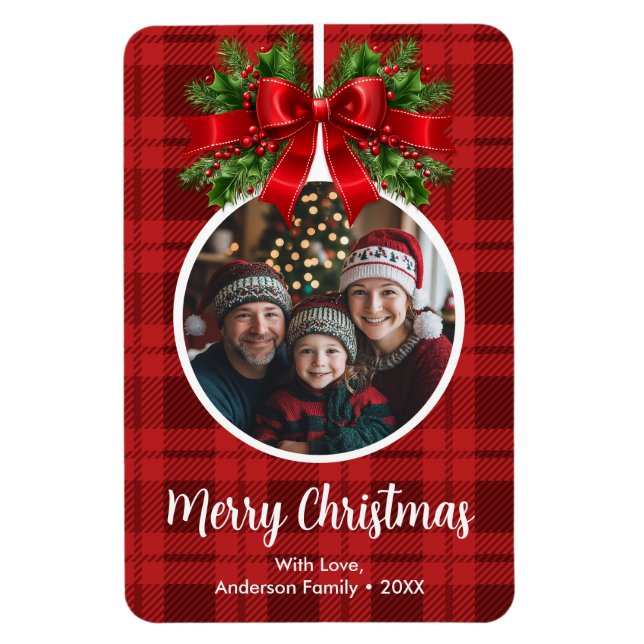 Christmas Ball Ornament Photo Red Buffalo Plaid Magnet (Vertical)